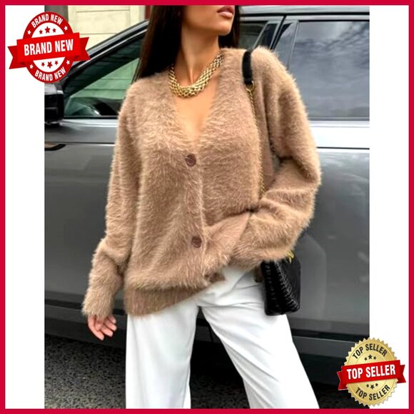 Fuzzy V Neck Button Down Oversized Cardigan Sweater Y2K Chic Vintage Knit - Picture 2 of 6